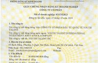 Giấy phép kinh doanh CÔNG TY CỔ PHẦN ĐẦU TƯ QUỐC TẾ YOUTH TALENT